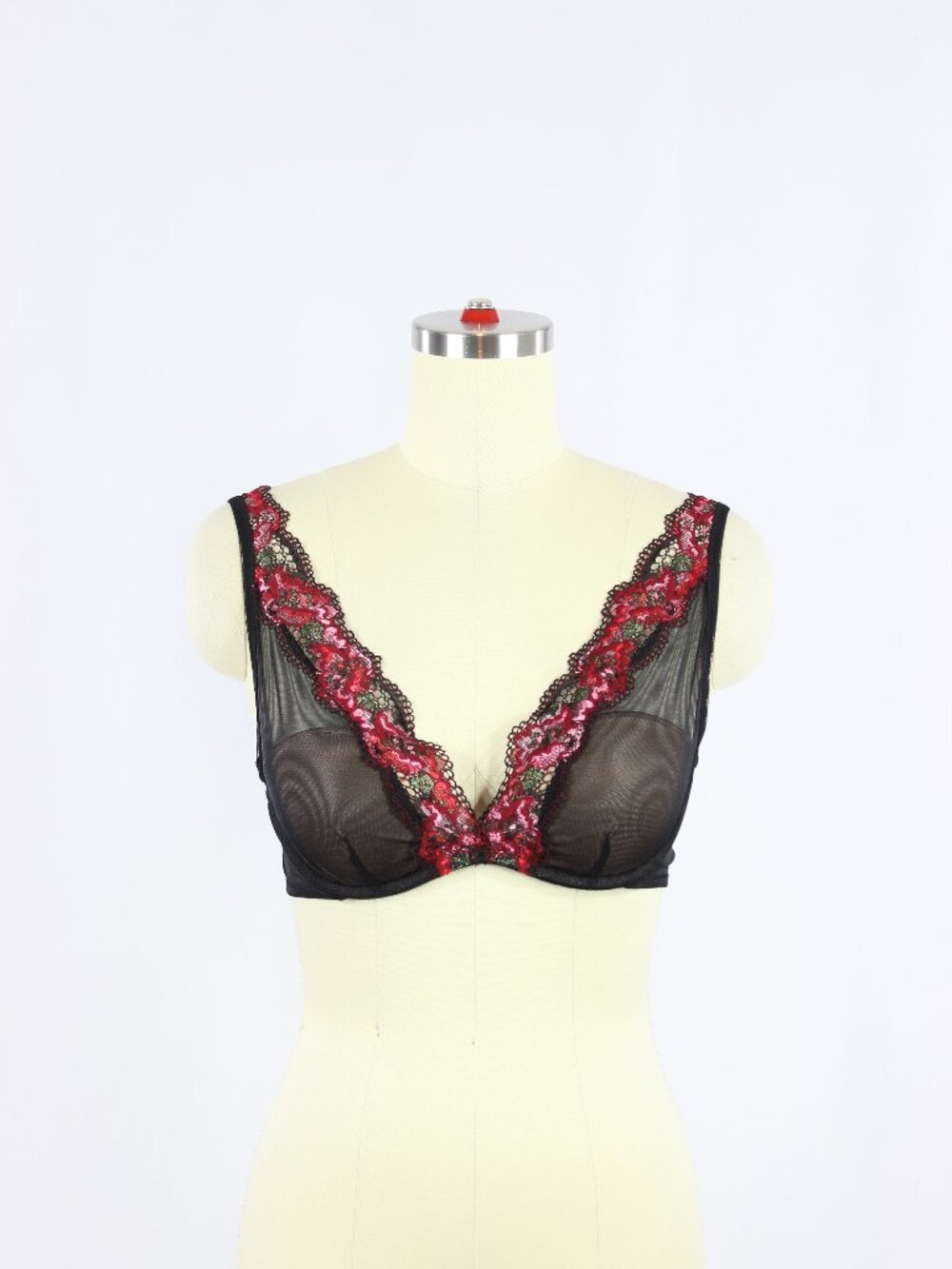 INTIMISSIMI Black Sheer Mesh Red Floral Lace Trim Plunge Bra, Size 34B